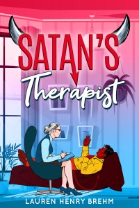 Image shows a devil lying on a therapist's couch with an older woman seated nearby taking notes. Above is the text "Satan's Therapist."